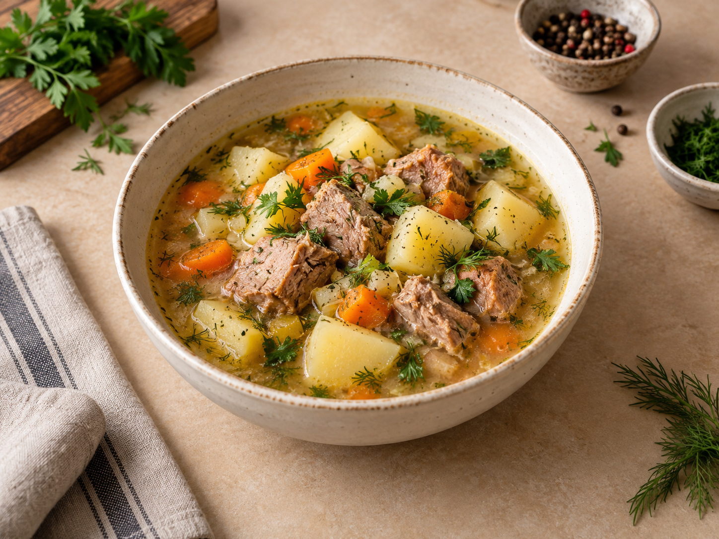 Картофельный суп со свининой, иллюстрация подачи